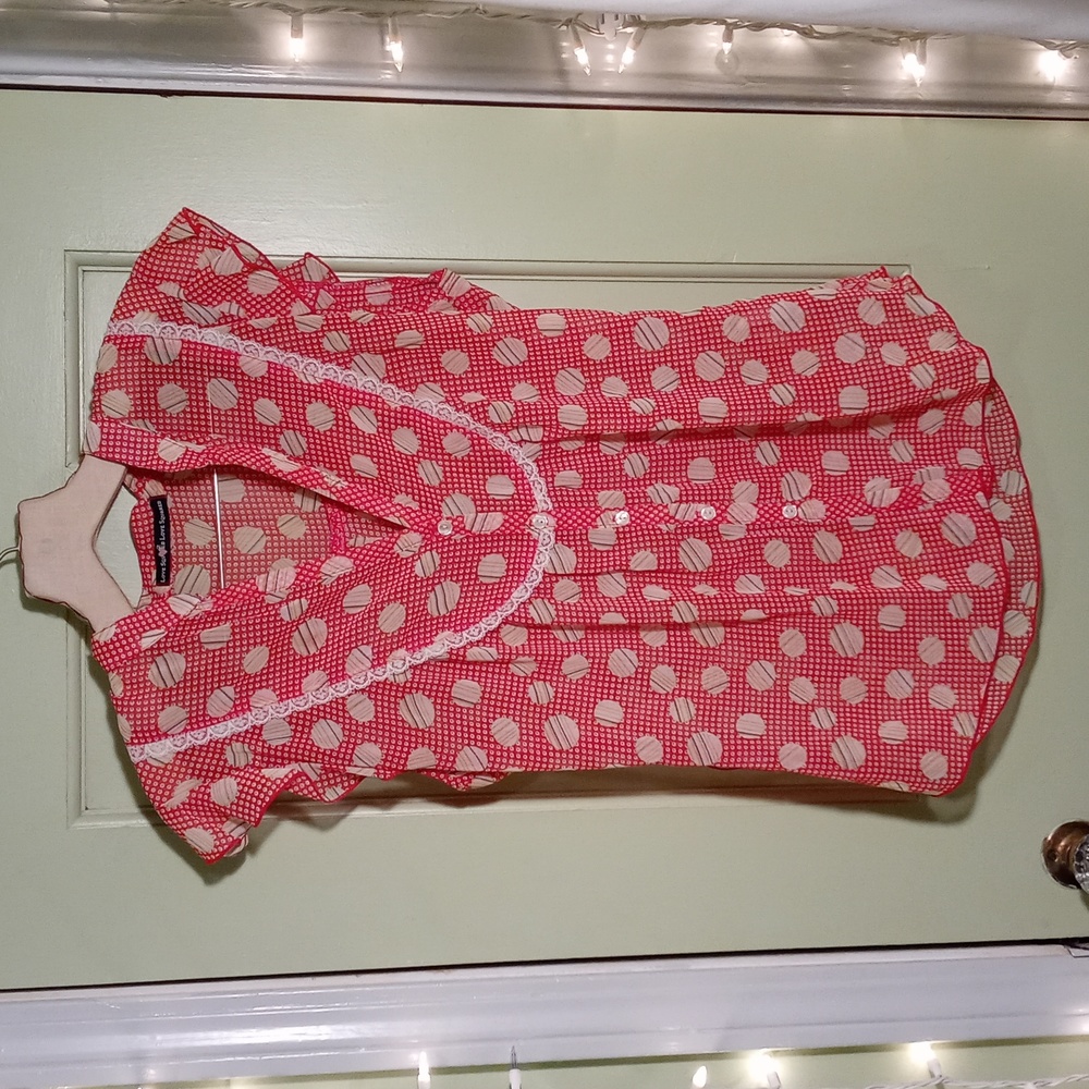 Women's Love Squared red cream flouncy cap sleeve retro sheer blouse M
